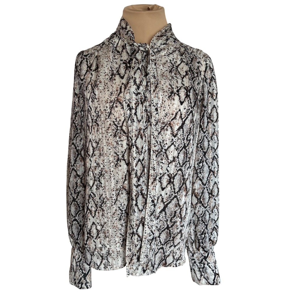 Joie Womens Snakeskin Print Tie Neck Metallic Stripe Blouse Grey Tan Large